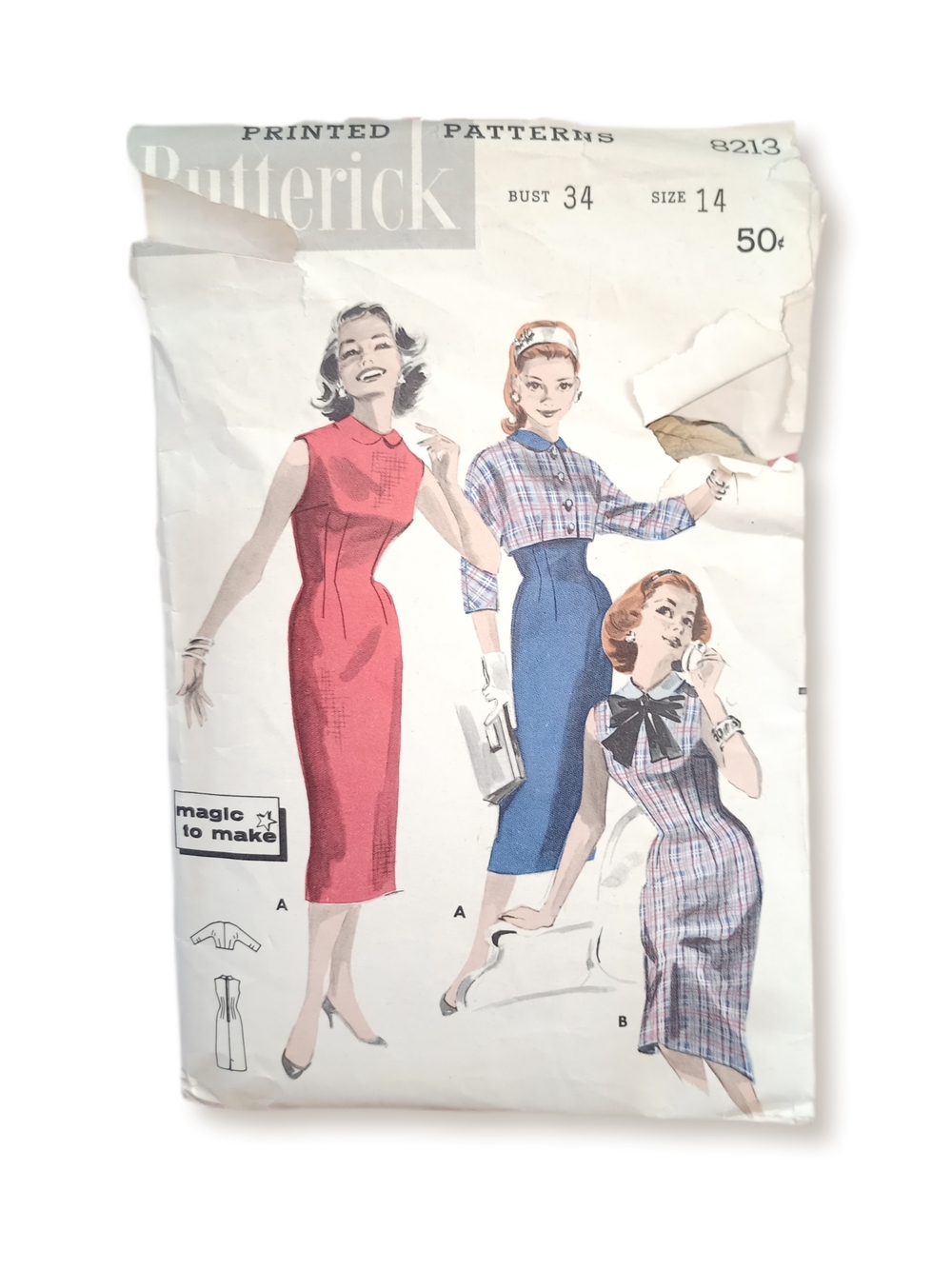 Butterick #8213 Sewing Pattern Probably 1950s Size Misses' 14 Bust 34